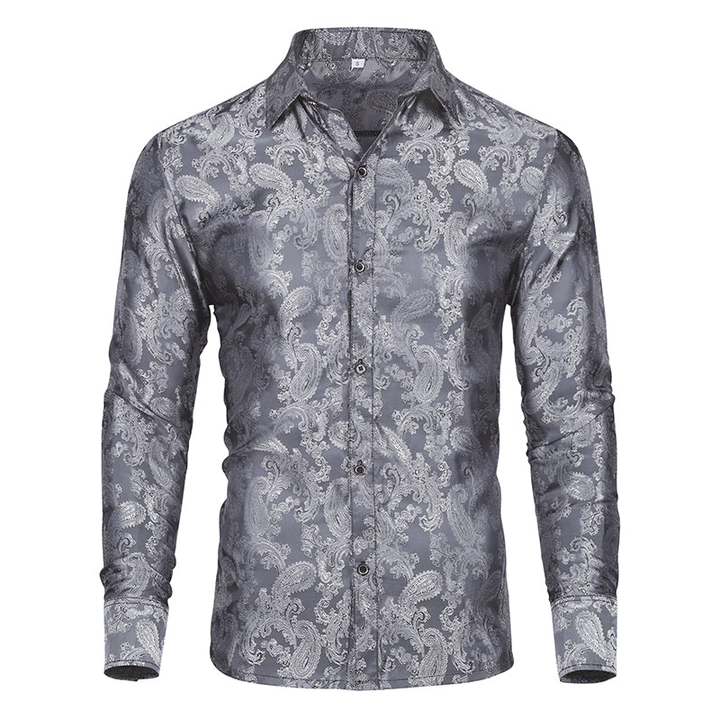 YFFUSHI Slim Fit Embroidered Paisley Shirt Grey