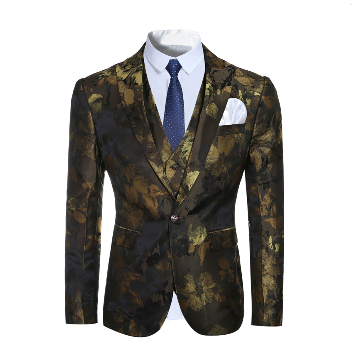 YFFUSHI Mens Allover Floral Print 3-Piece Suit Yellow