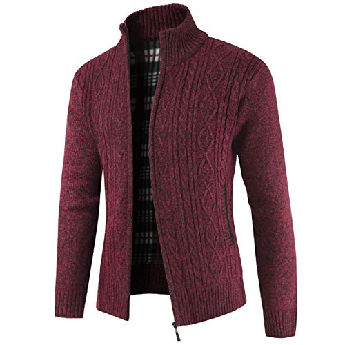 Mens Knitted Cardigan Thick Sweater Full Zip Wool Stand Collar Cardigans Coat Fleece Lined Long Sleeve Cardigan