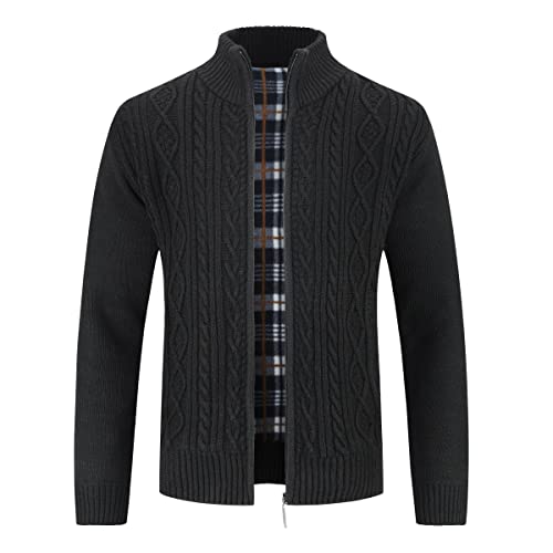 Mens Knitted Cardigan Thick Sweater Full Zip Stand Collar Warm Jumper Fleece Lined Winter Coat