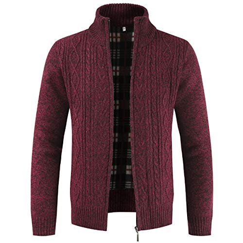 Mens Knitted Cardigan Thick Sweater Full Zip Wool Stand Collar Cardigans Coat Fleece Lined Long Sleeve Cardigan