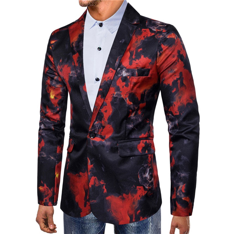 YFFUSHI Mens Slim Fit Flame Printed Blazer Red