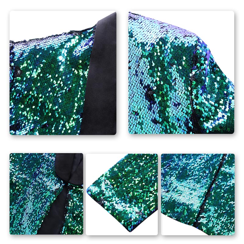 Mens Buttonless Reversible Sequins Bluish & Green Blazer With Black Satin Collar