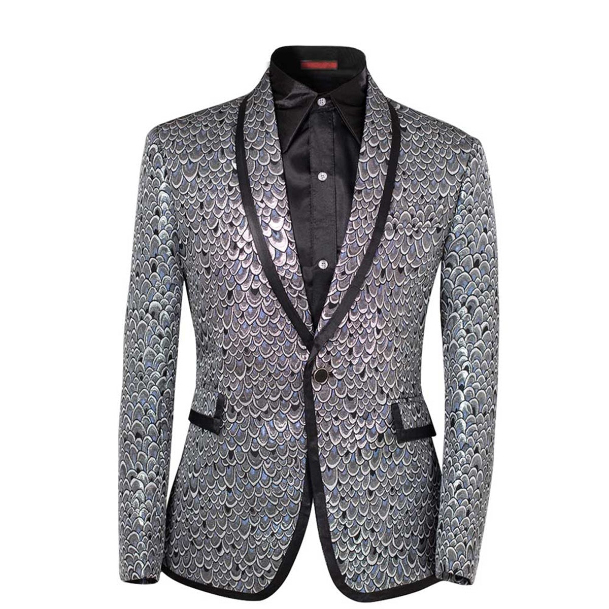 YFFUSHI Mens 2-Piece Slim Fit Fish Scales Sequin Suit Silver