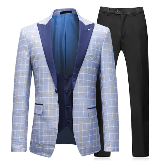 3-Piece Slim Fit Plaid Suit LightBlue - YFFushi