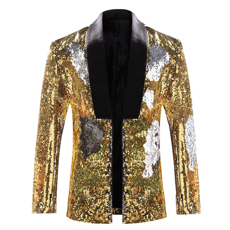 Mens Buttonless Reversible Sequins gold & silver Blazer With Black Satin Collar