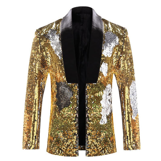 Mens Buttonless Reversible Sequins gold & silver Blazer With Black Satin Collar