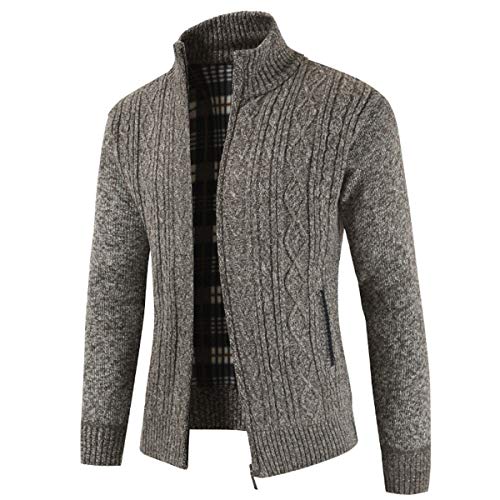 Mens Knitted Cardigan Thick Sweater Full Zip Stand Collar Warm Jumper Fleece Lined Winter Coat