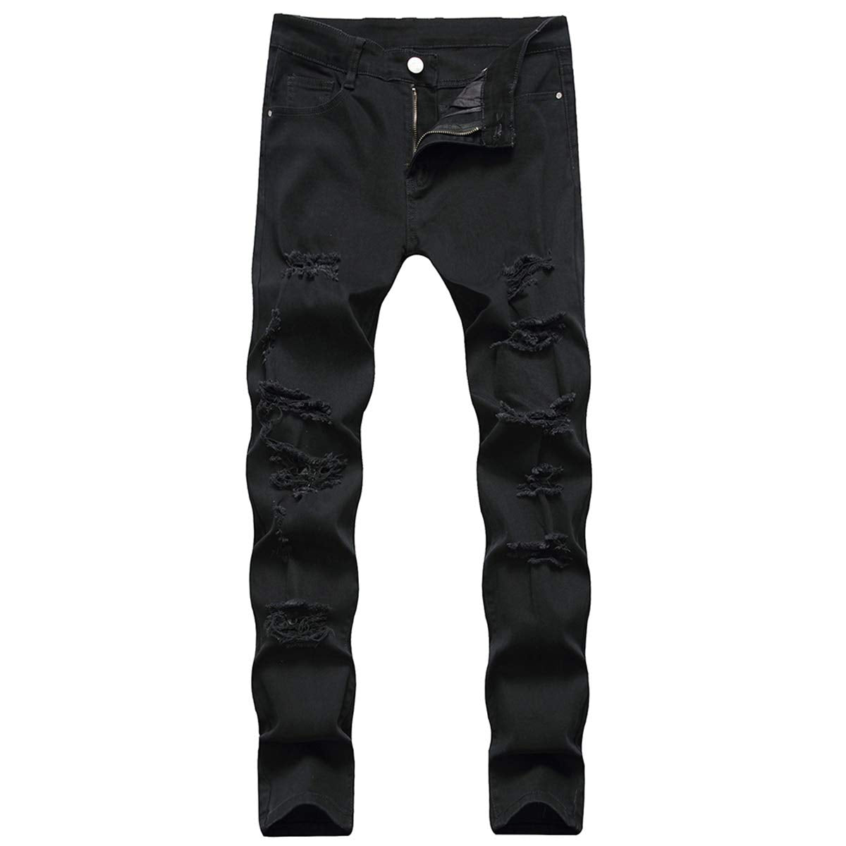 YFFUSHI Men's Ripped Distressed Destroyed Slim Fit Elastic Straight Leg Unique Fold Denim Jeans Black 2