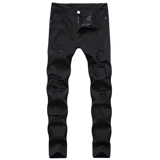 YFFUSHI Men's Ripped Distressed Destroyed Slim Fit Elastic Straight Leg Unique Fold Denim Jeans Black 2