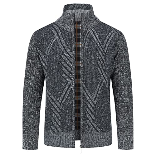 Mens Knitted Cardigan Thick Sweater Full Zip Stand Collar Warm Jumper Fleece Lined Winter Coat