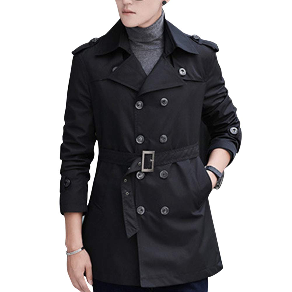 YFFUSHI Men's Classic Fit Trench Coat Long Double Breasted Overcoat Outerwear Pea Coat Black