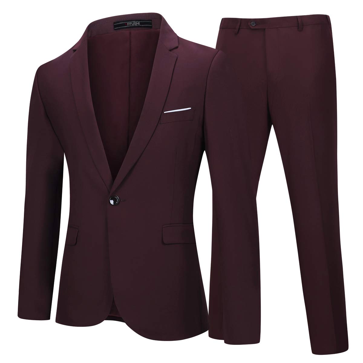 YFFUSHI Mens 2 Piece Suits One Button Formal Slim Fit Solid Color Wedding Tuxedo Purplish Red