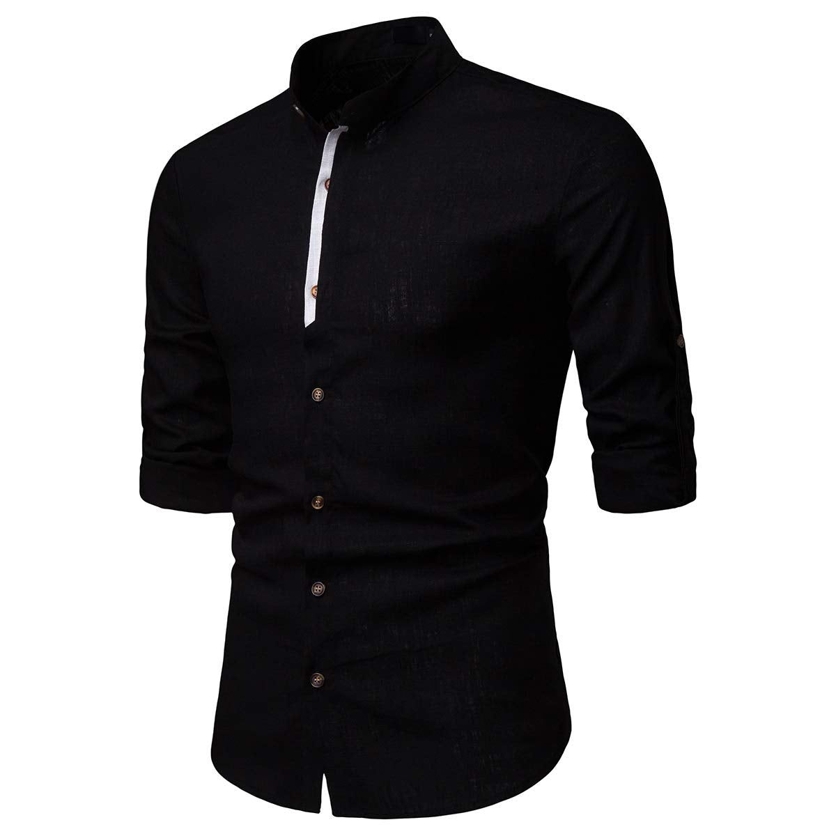 YFFUSHI Mens Long Sleeve Linen Shirts Standard fit Solid Color Casual Button Down Shirts Black