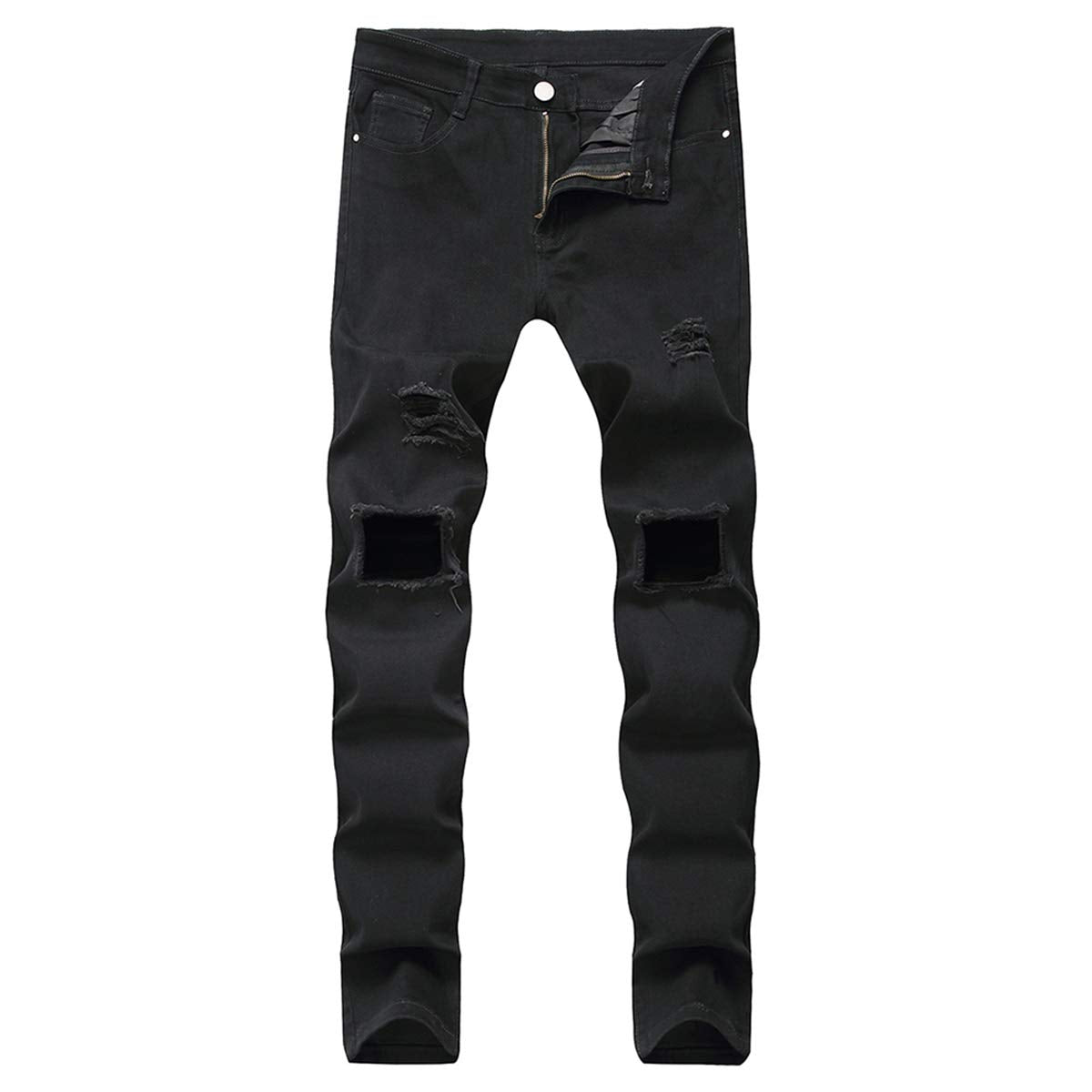 YFFUSHI Men's Ripped Distressed Destroyed Slim Fit Elastic Straight Leg Unique Fold Denim Jeans Black 1