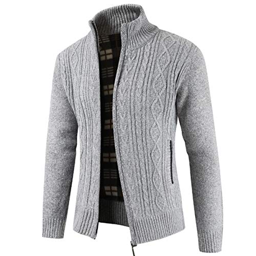 Mens Knitted Cardigan Thick Sweater Full Zip Wool Stand Collar Cardigans Coat Fleece Lined Long Sleeve Cardigan