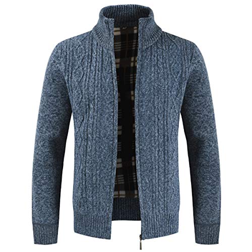 Mens Knitted Cardigan Thick Sweater Full Zip Stand Collar Warm Jumper Fleece Lined Winter Coat