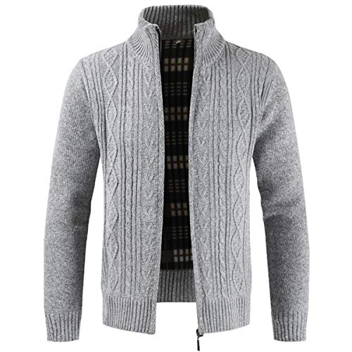 Mens Knitted Cardigan Thick Sweater Full Zip Wool Stand Collar Cardigans Coat Fleece Lined Long Sleeve Cardigan