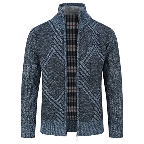 Mens Knitted Cardigan Thick Sweater Full Zip Stand Collar Warm Jumper Fleece Lined Winter Coat