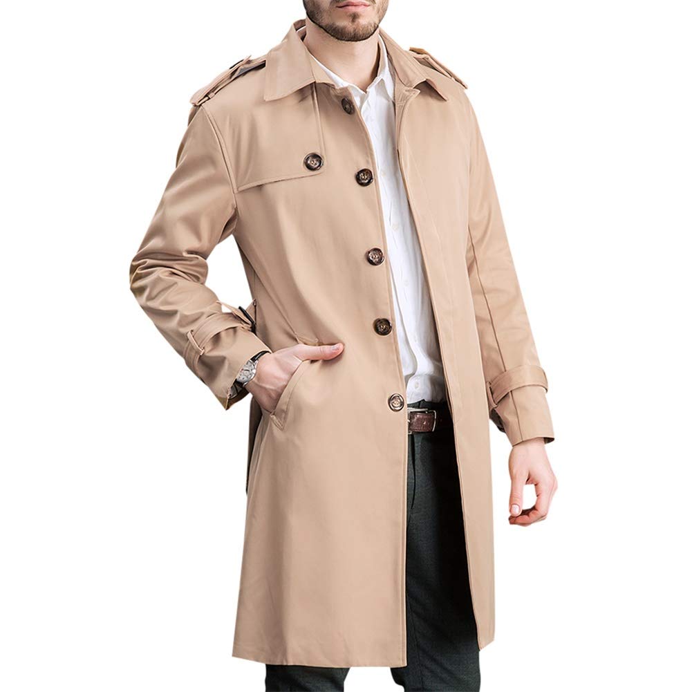 YFFUSHI Men's Classic Fit Trench Coat Long Double Breasted Overcoat Outerwear Pea Coat Khaki