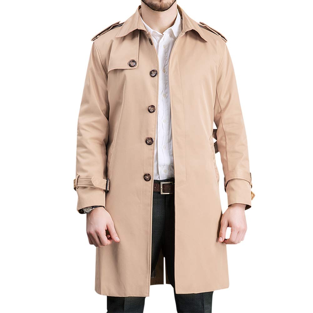 YFFUSHI Men's Classic Fit Trench Coat Long Double Breasted Overcoat Outerwear Pea Coat Khaki