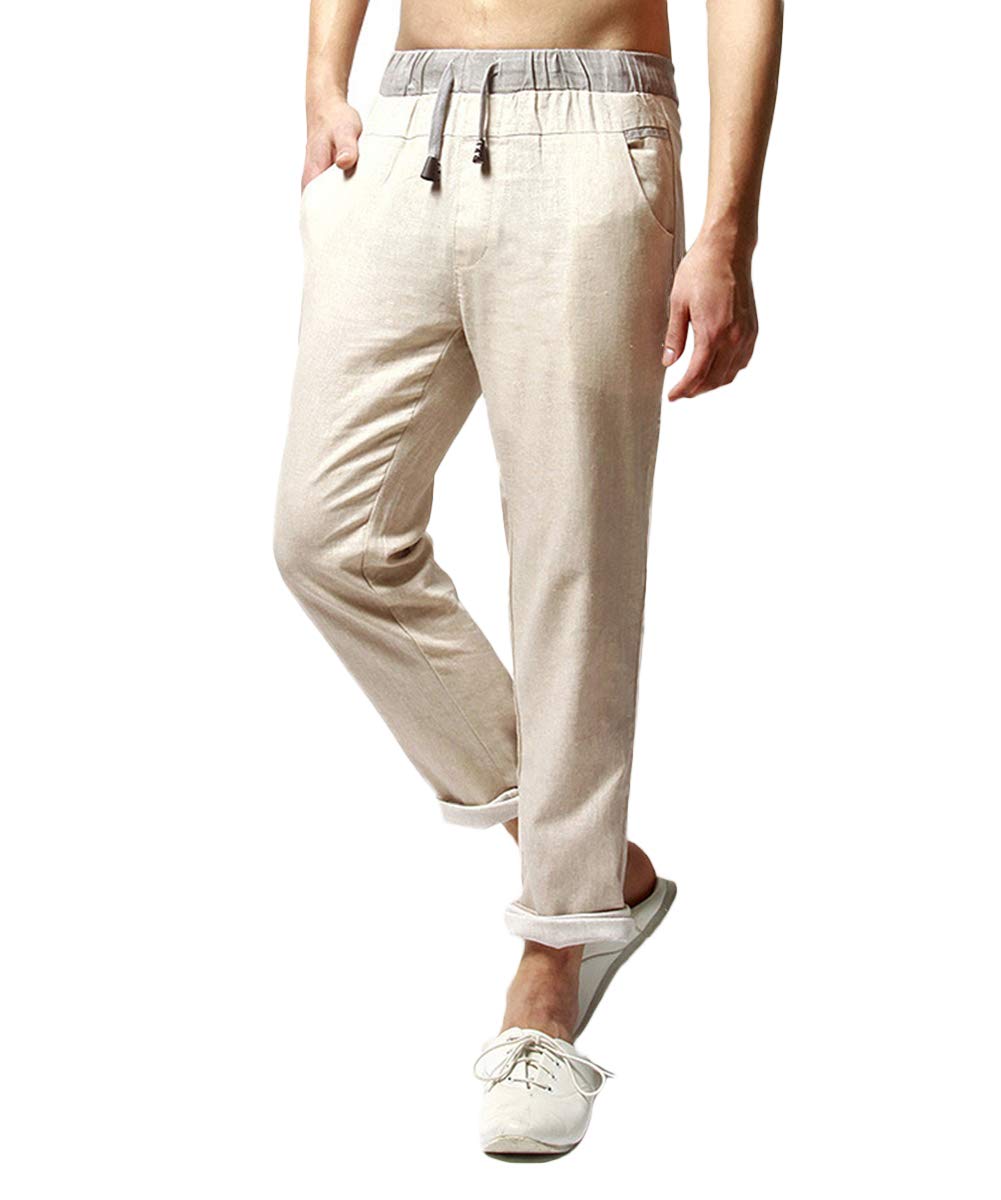 YFFUSHI Men's Drawstring Pants Linen Elastic Waist Trousers Straight Pants Beige