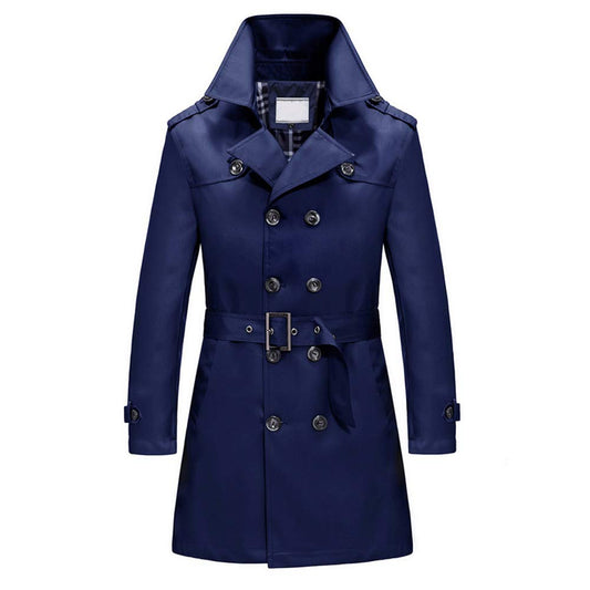 YFFUSHI Men's Classic Fit Trench Coat Long Double Breasted Overcoat Outerwear Pea Coat Blue