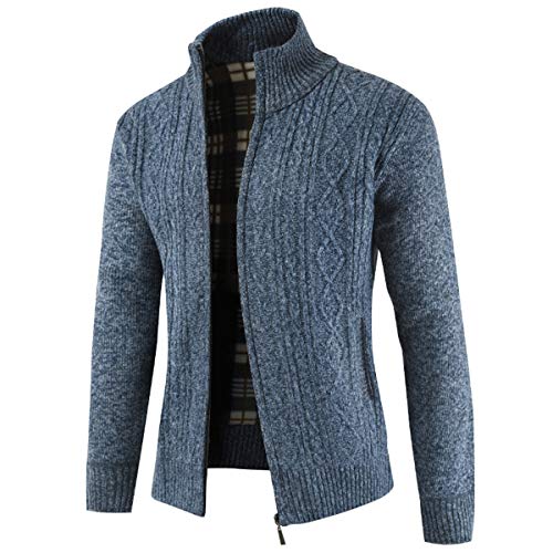 Mens Knitted Cardigan Thick Sweater Full Zip Stand Collar Warm Jumper Fleece Lined Winter Coat