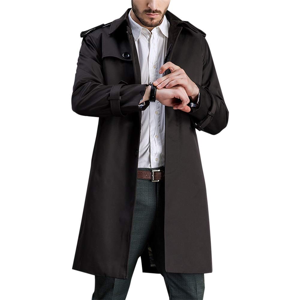 YFFUSHI Men's Classic Fit Trench Coat Long Double Breasted Overcoat Outerwear Pea Coat Black 2