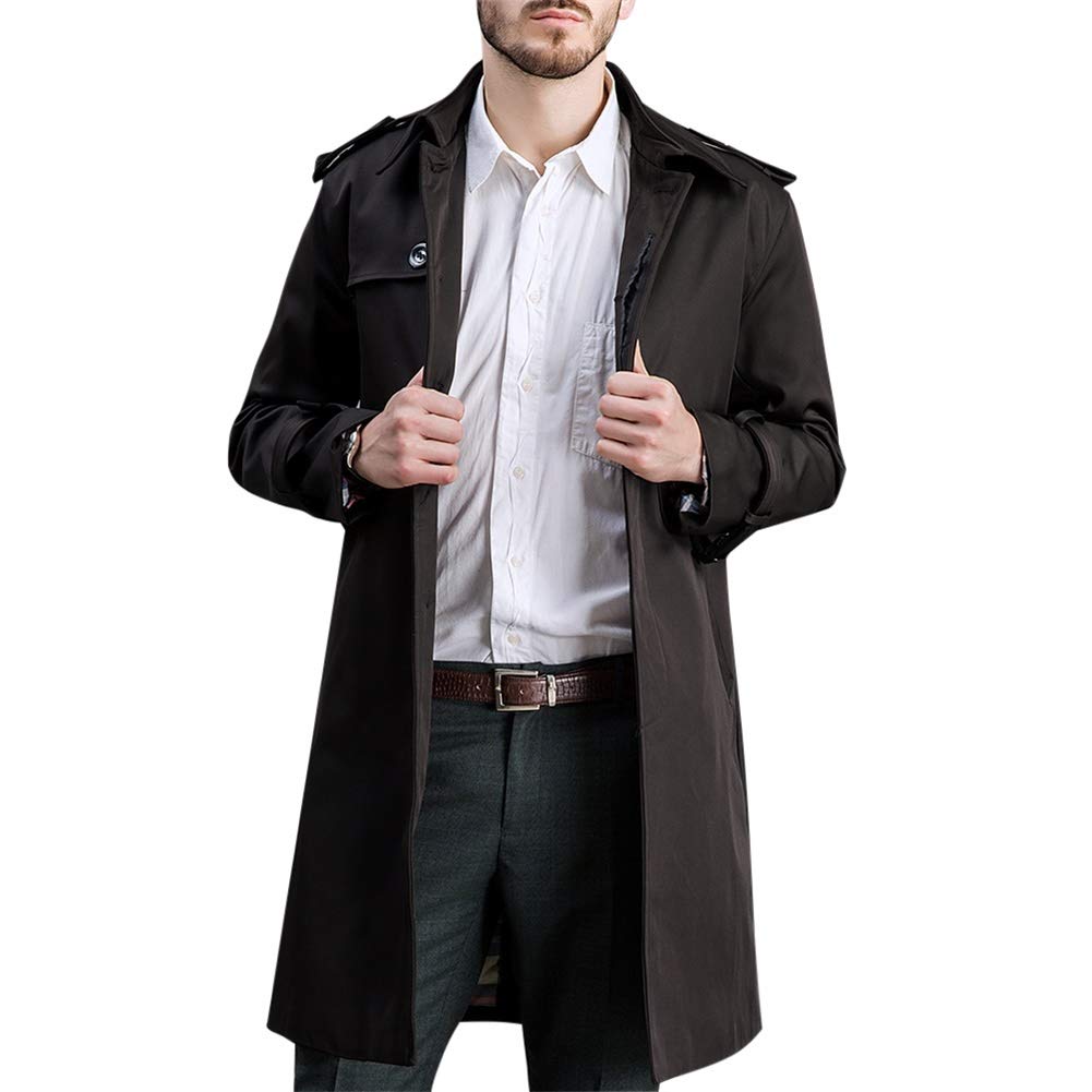 YFFUSHI Men's Classic Fit Trench Coat Long Double Breasted Overcoat Outerwear Pea Coat Black 2