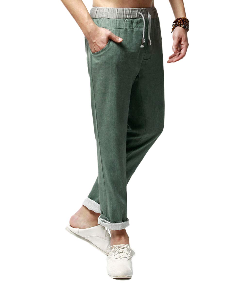 YFFUSHI Men's Drawstring Pants Linen Elastic Waist Trousers Straight Pants Army Green