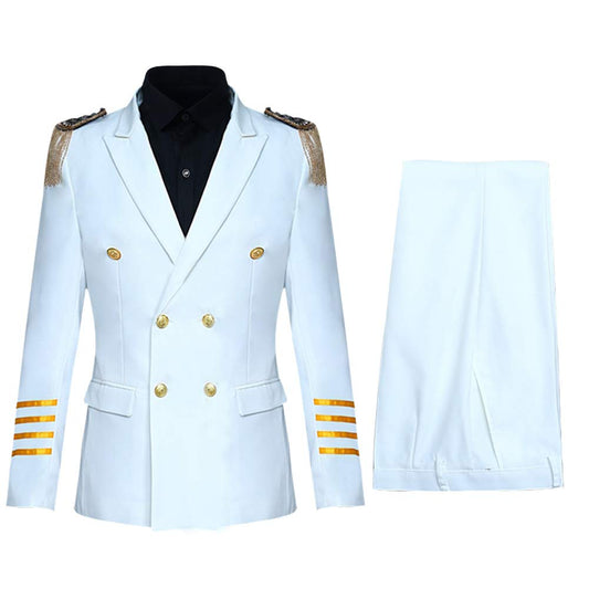 YFFUSHI Mens 2 Piece Suit Slim Fit Pilot Captain Uniform Blazer and Pants White