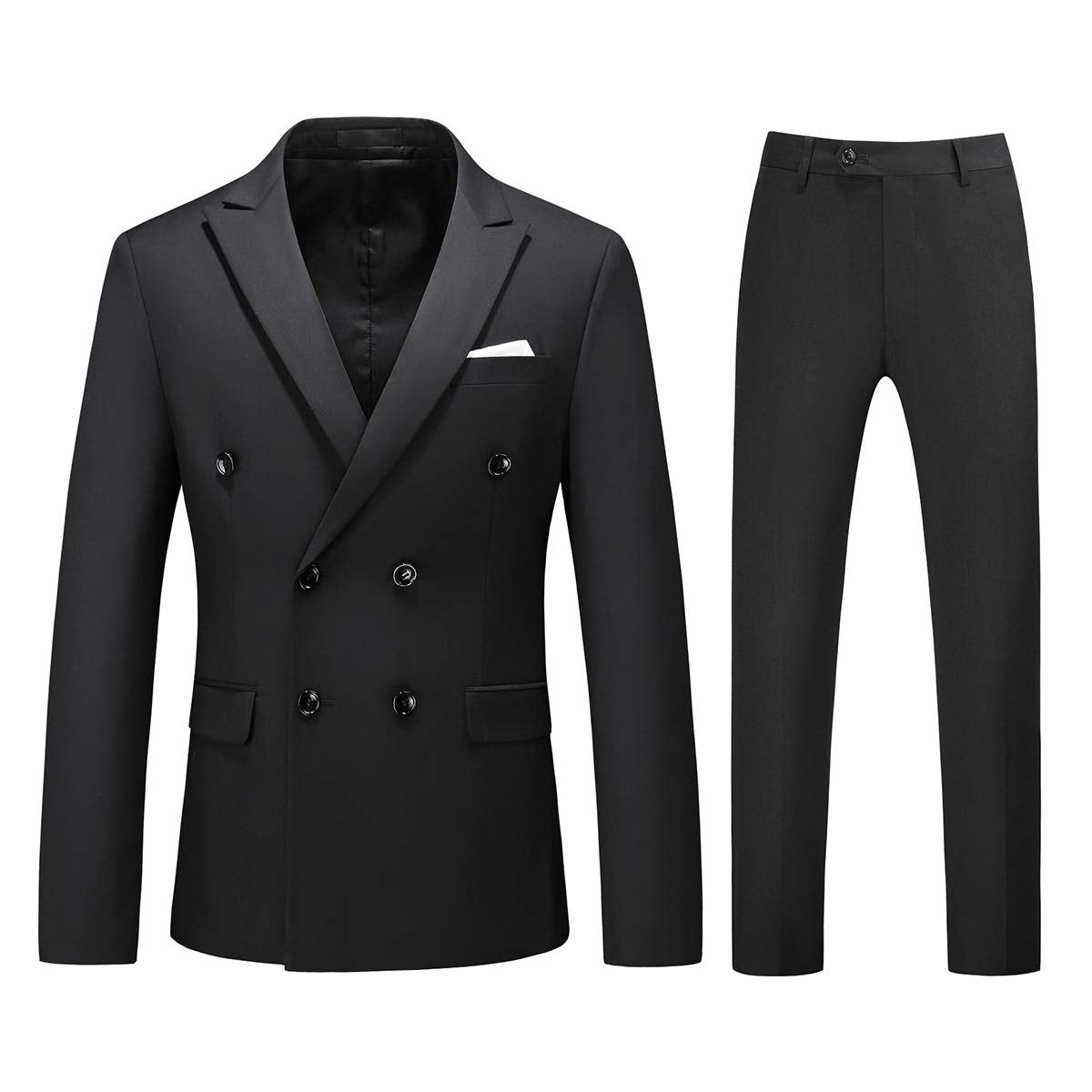 YFFUSHI Mens 2 Piece Dress Suits Double Breasted Solid Formal Casual Tuxedo Trousers Set Black