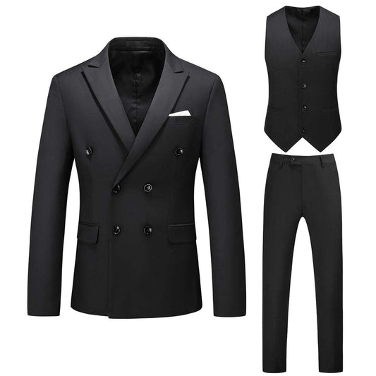 YFFUSHI Mens Double Breasted 3 Piece Suits Slim Fit Dress Business Formal Casual Suit Set Black