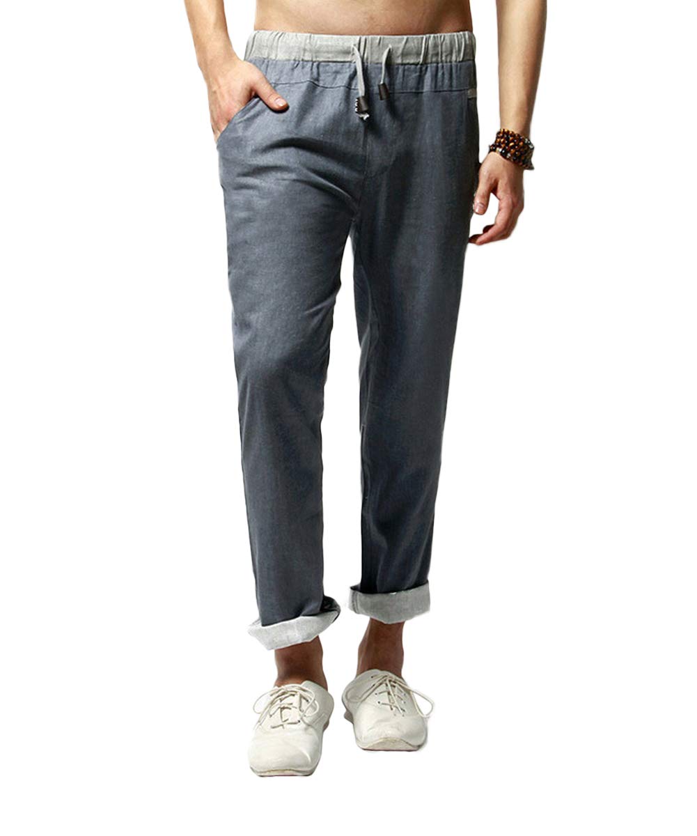 YFFUSHI Men's Drawstring Pants Linen Elastic Waist Trousers Straight Pants Gray Blue