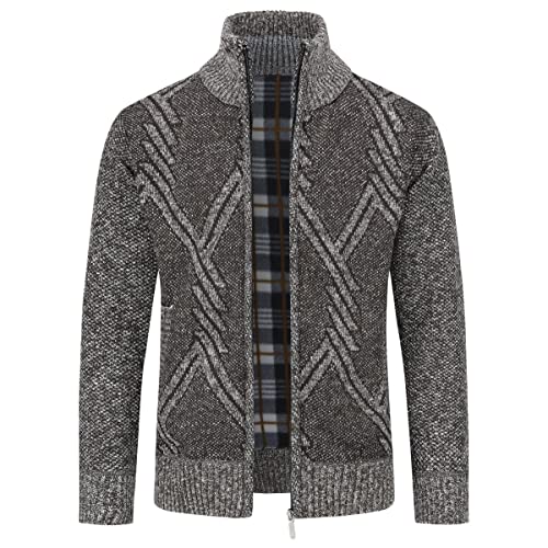 Mens Knitted Cardigan Thick Sweater Full Zip Stand Collar Warm Jumper Fleece Lined Winter Coat