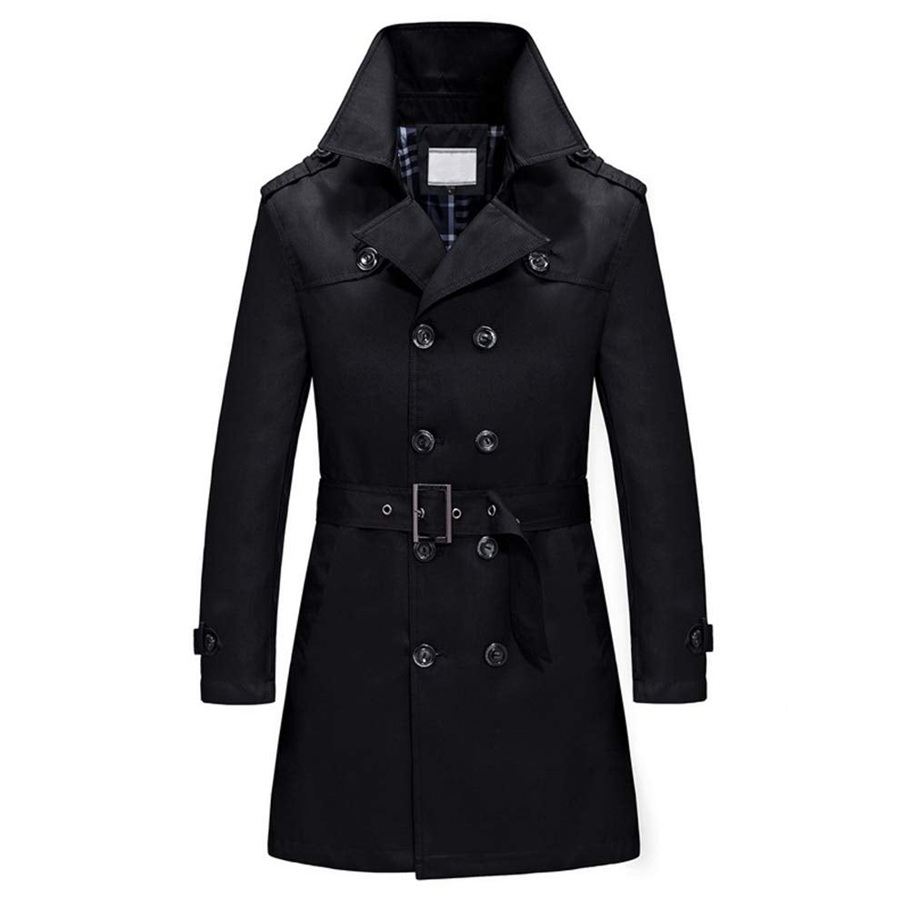 YFFUSHI Men's Classic Fit Trench Coat Long Double Breasted Overcoat Outerwear Pea Coat Black