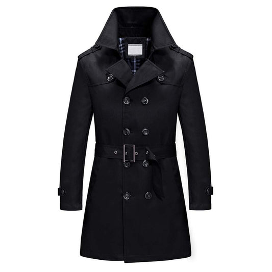 YFFUSHI Men's Classic Fit Trench Coat Long Double Breasted Overcoat Outerwear Pea Coat Black