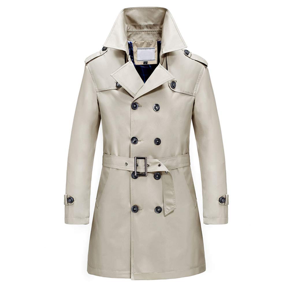 YFFUSHI Men's Classic Fit Trench Coat Long Double Breasted Overcoat Outerwear Pea Coat Beige