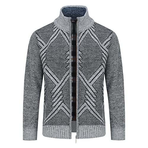 Mens Knitted Cardigan Thick Sweater Full Zip Stand Collar Warm Jumper Fleece Lined Winter Coat