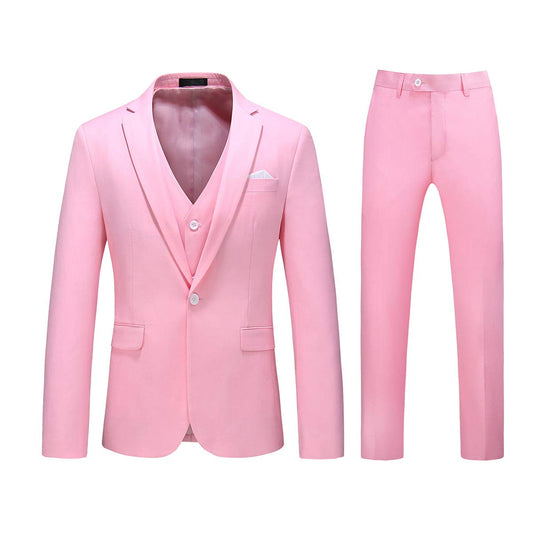 YFFUSHI Mens 3 Piece Dress Suit 1 Button Formal Casual Tux Vest Trousers Pink