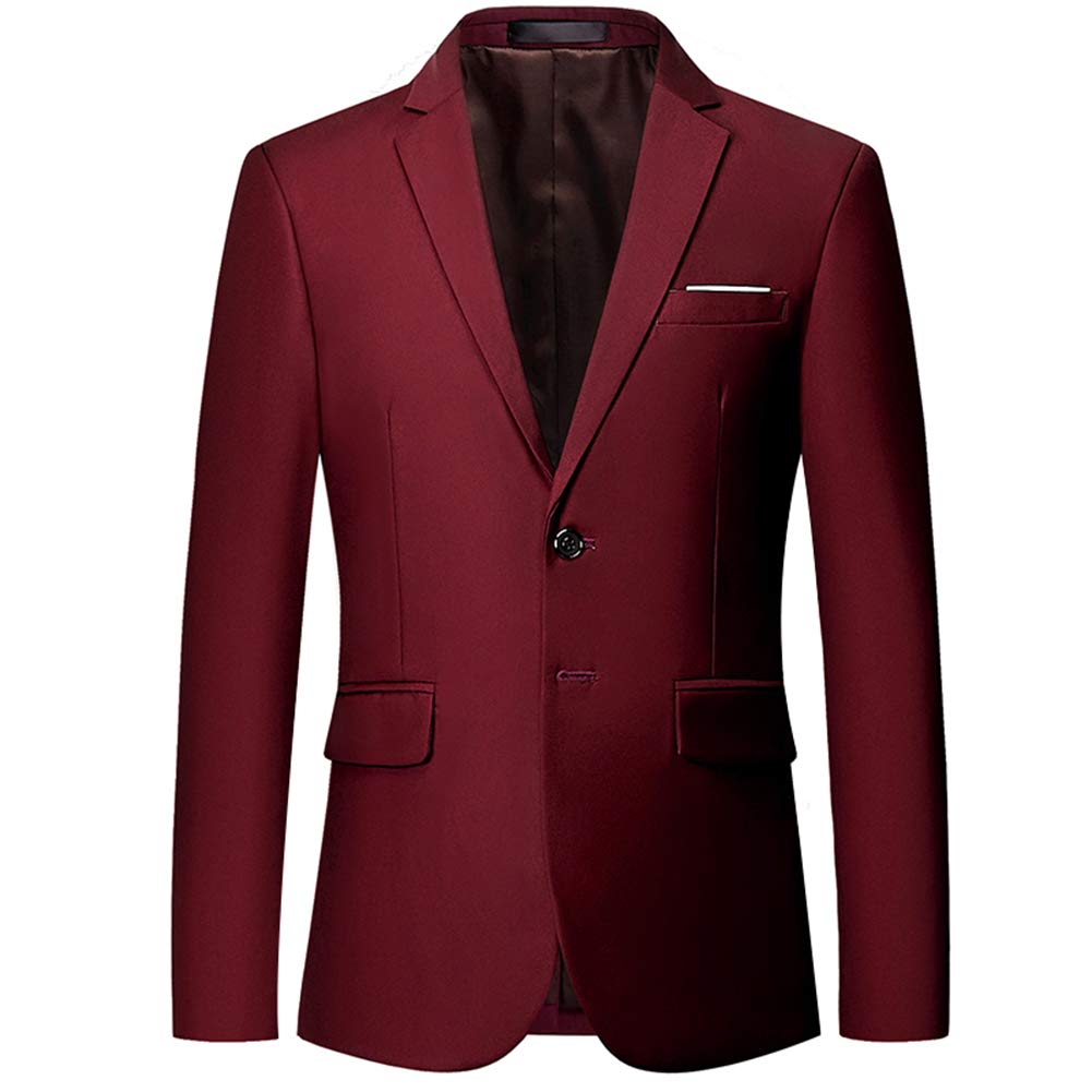 YFFUSHI Mens Slim Fit Blazer Two-Button Casual Suit Jacket Wine Red