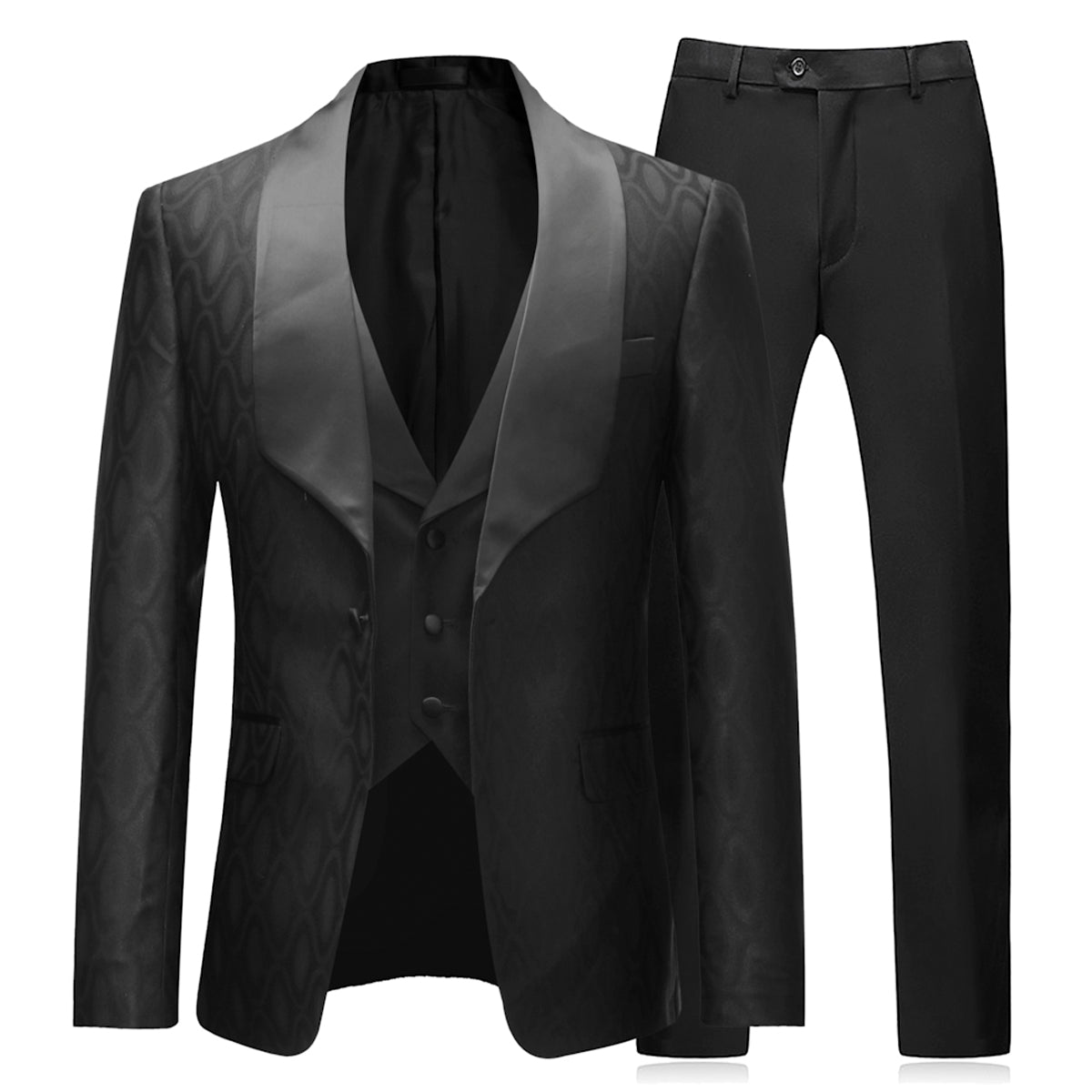 YFFUSHI Men's Slim Fit 3 Piece Dark Pattern Formal Suit Black