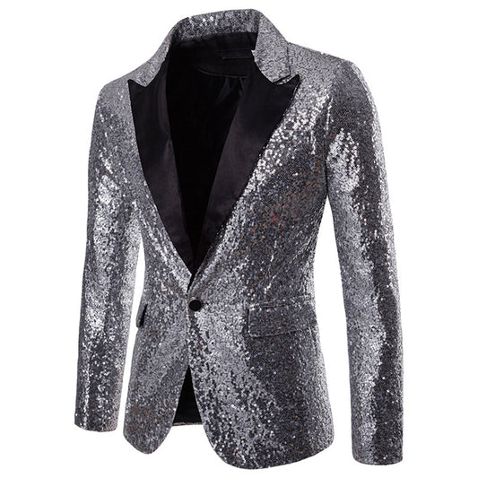 YFFUSHI Mens Shiny Sequin Jacket Party Tuxedo Blazer Silver