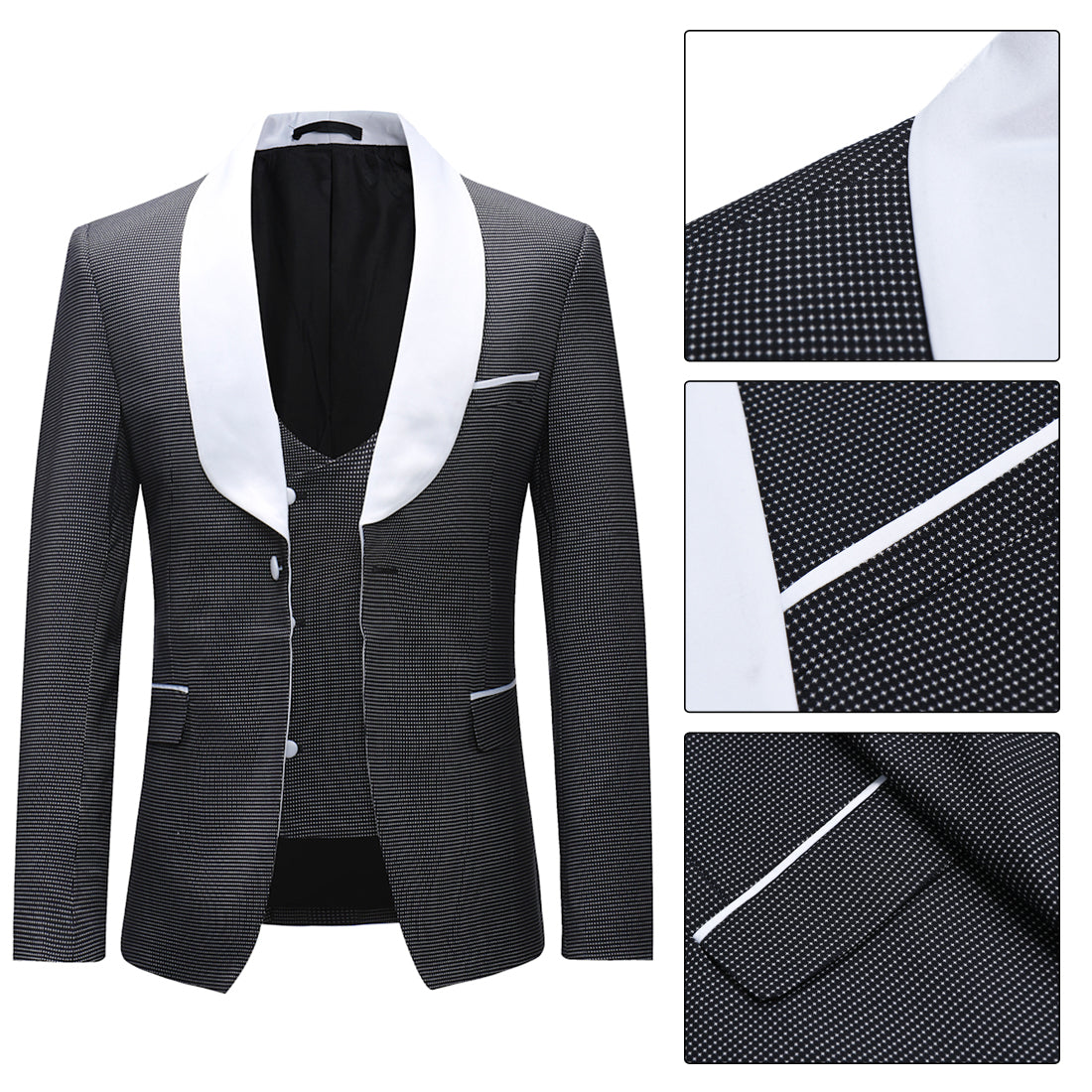 YFFUSHI Mens 3-Piece Slim Fit Houndstooth Suit Black