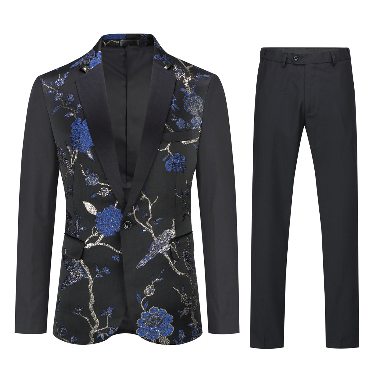 2-Piece Slim Fit Embroidered Blue Floral Suit