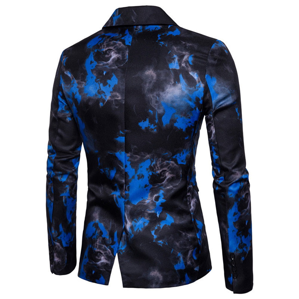 YFFUSHI Mens Slim Fit Flame Printed Blazer Blue