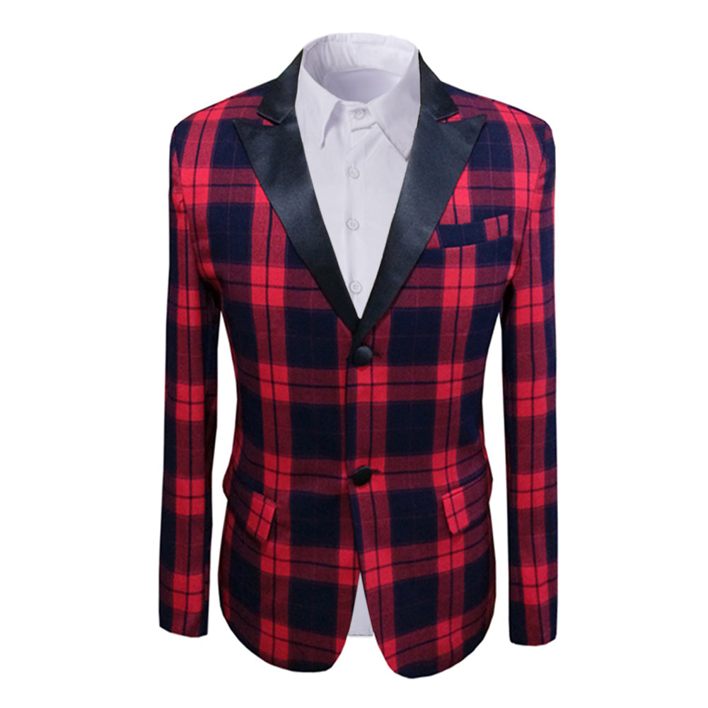 YFFUSHI Mens Plaid Blazer Slim Fit Tuxedo Blazer Red