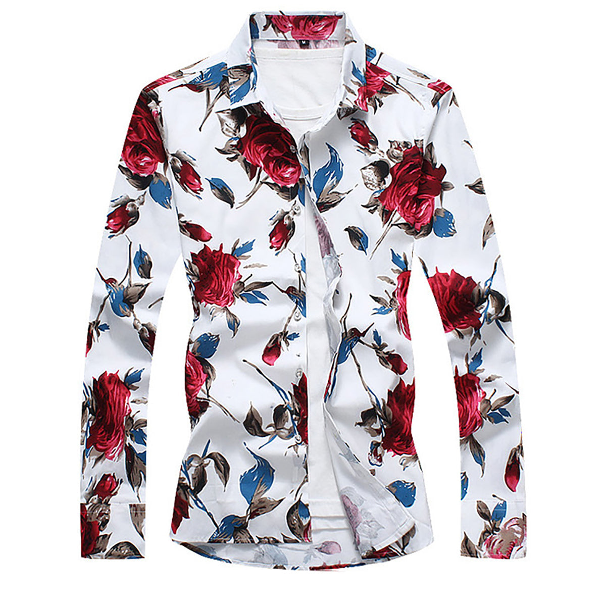 YFFUSHI Slim Fit White Satin Shirt With Red Flowers