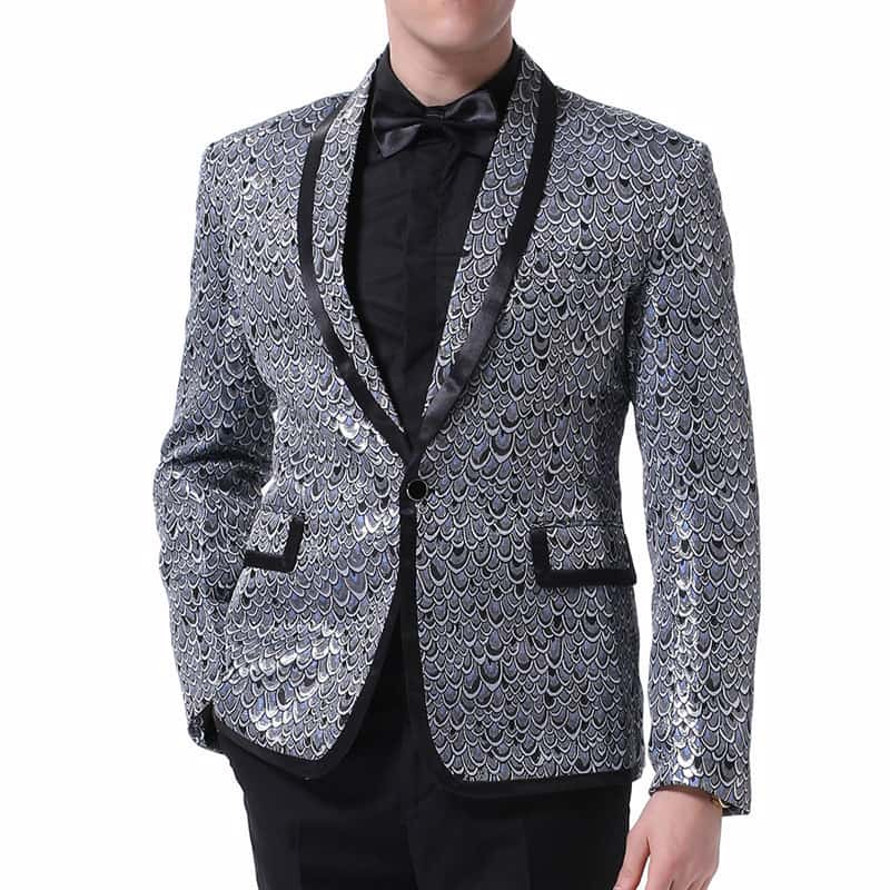 YFFUSHI Mens 2-Piece Slim Fit Fish Scales Sequin Suit Silver